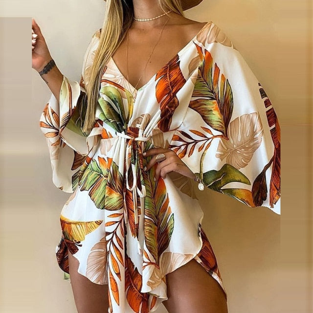 Floral Apricot and Green Flare Sleeve ...